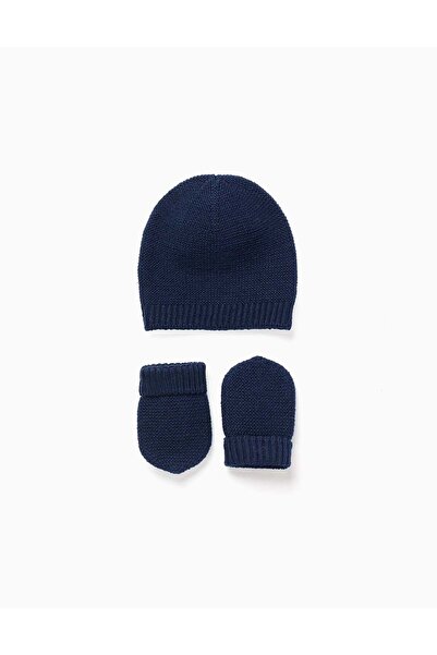 Ziddy طقم قبعة وقفازات محبوكة للمواليد الجدد، أزرق داكن