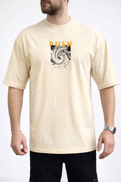 caddekombin Tricou bej pentru bărbați, cu model Vortex, cu imprimeu Push Text...