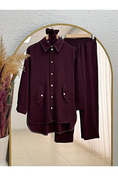 MİHRA STORE Bala Metal Buttoned Double Pocket Almond Stitched Trousers Suit-Ş...