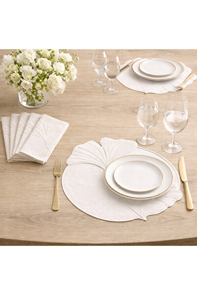 2Ddesign Beyaz Yaprak Nakışlı Keten Amerikan Servis – Minimal ve Elegant Sofr...