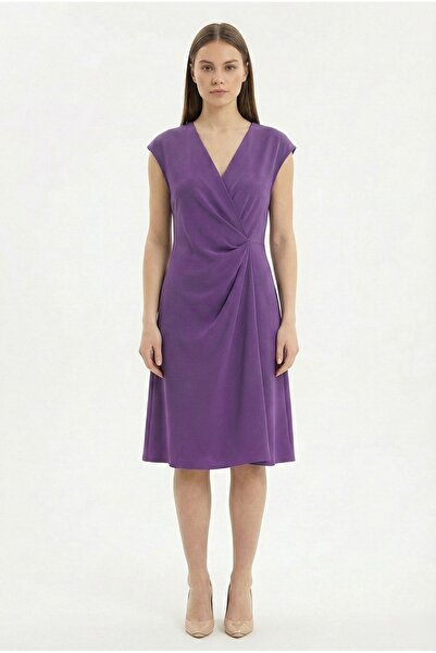 NAR ÇİÇEĞİ GİYİM V Yaka Beli Drapeli Şık Krep Elbise