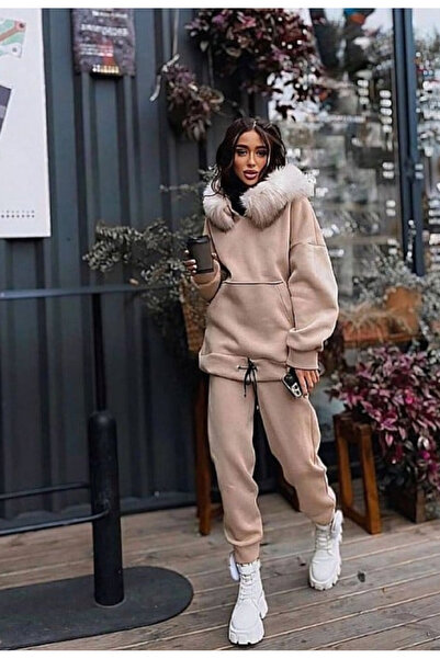 Nobrand Women's oversized tracksuit with hood and fur collar, sweatshirt and ...