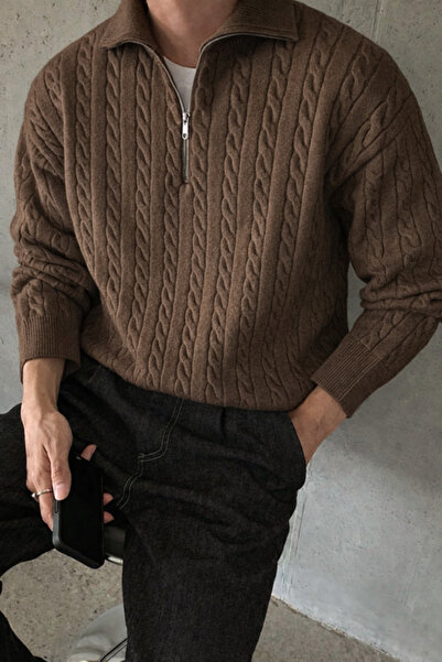 Tarz Cool Чоловічий коричневий светр з напівзастібкою та плетеним візерунком