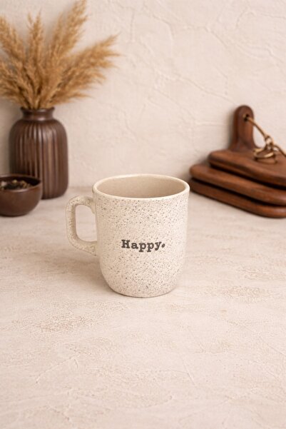 Tutku Home Stoneware, Mat Retro Kupa Bardak ( Happy, Hope, Feel, Coffee