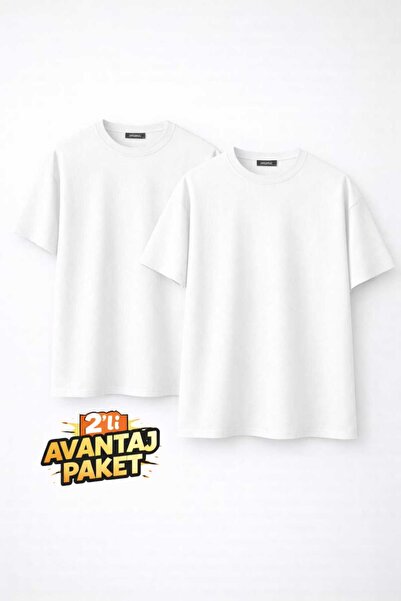 T.trend تي شيرت أساسي أبيض مكون من قطعتين من القماش القطني بقصة عادية للرجال/...