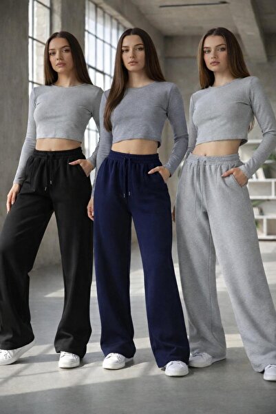 LOSMARY Üç adet siyah gri lacivert rahat kalıp düz paça eşofman altı