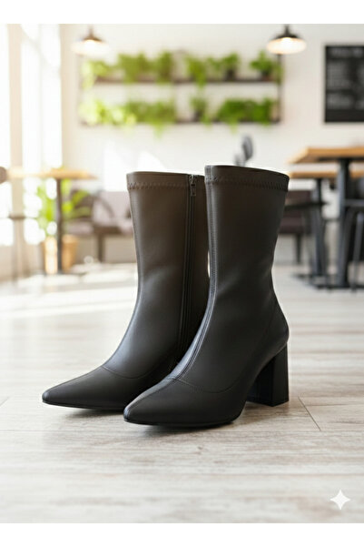 MORTIS MODA Kadın Siyah Deri Sivri Burun Streç Yeni Sezon Fermuarlı Bot Ayakkabı