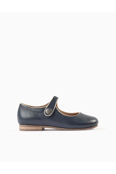 Ziddy حذاء باليرينا مسطح من الجلد على شكل حرف T للبنات، أزرق داكن