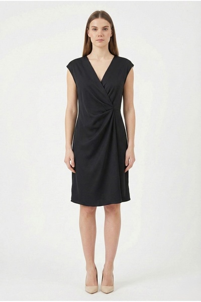 NAR ÇİÇEĞİ GİYİM V Yaka Beli Drapeli Şık Krep Elbise