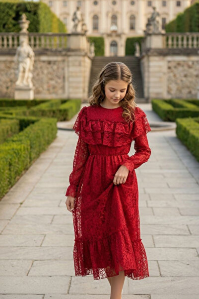 HÇ Hülya Çelik KİDSWEAR 2018 Rochie de fetiță din dantelă burgundy, cu mâneci...