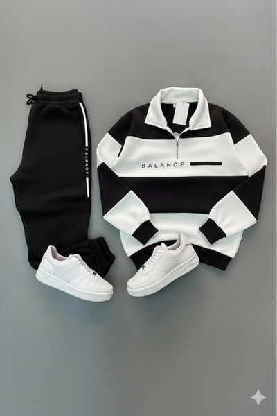 LiyAdaCo Unisex/Men's Balance Printed Tracksuit Set Black Polo Collar Sweatshirt