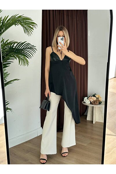 Lady Pixie Leather cap detailed tied blouse