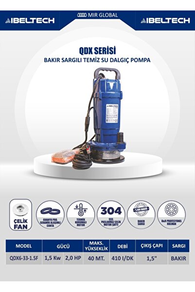 İBELTECH QDX SERİSİ BAKIR SARGILI ŞAMANDIRALI 2 HP TEMİZ SU DALGIÇ POMPA 40MT...
