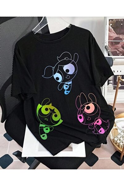 Oceanwear Powerpuff Girls Printed Crew Neck Short Sleeve Women's Plain Black ...
