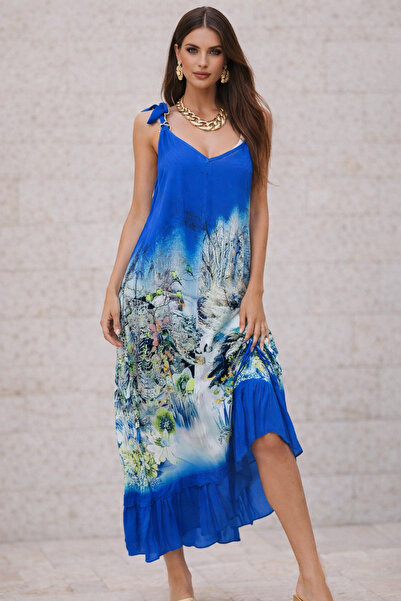 LaraLisa Women's Authentic 100% Viscose Digital Printed Midi Length Dress