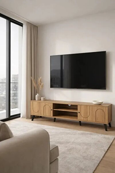 N.zone Modern wooden TV stand, dark brown, with a curved line design