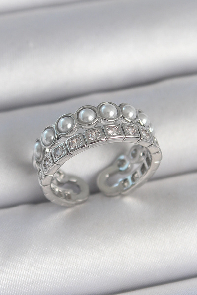 shopwave خاتم نسائي من النحاس الفضي اللون مكون من صفين من حجر الزركون واللؤلؤ...