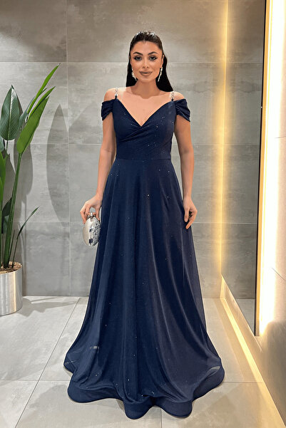 giyimmasalı Срібляста тканина, сукня з човниковим коміром - СИНЯ