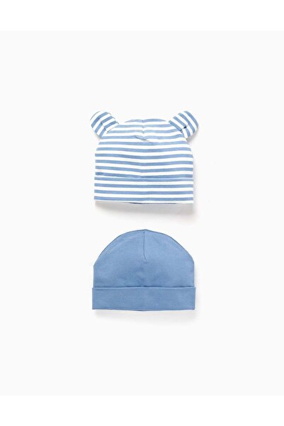 Ziddy طقم من قبعتين صوفيتين سادة/مخططتين للأولاد حديثي الولادة، أزرق/أبيض