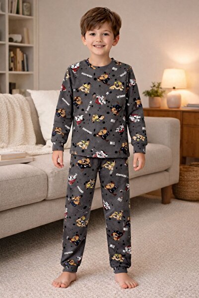 byalisdmr طقم بيجامة للأولاد لون رمادي بنمط مخلب البترول 100% قطن قماش إنترلو...