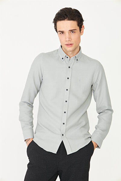 White Stone Gray Buttoned Collar Long Sleeve Shirt Slim Fit