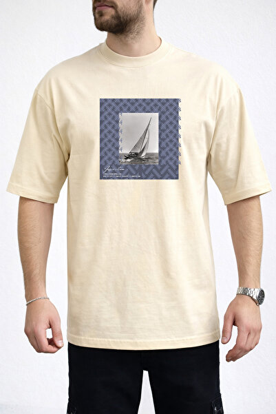caddekombin Ανδρικό μπλουζάκι μοντέρνο γραφικό Sailing Crew Neck σε μπεζ χρώμα