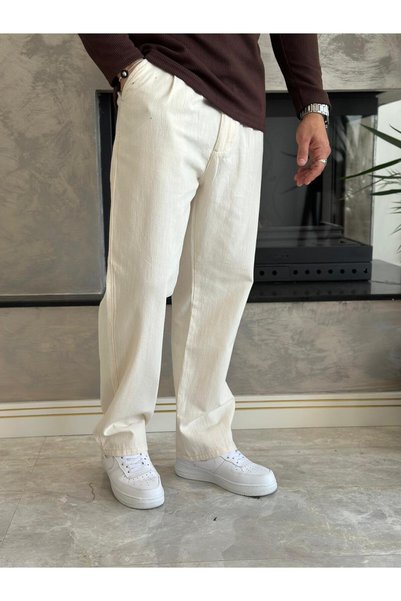 ECARTS Men's Pleated Relaxed Fit Linen Trousers Beige Eca028