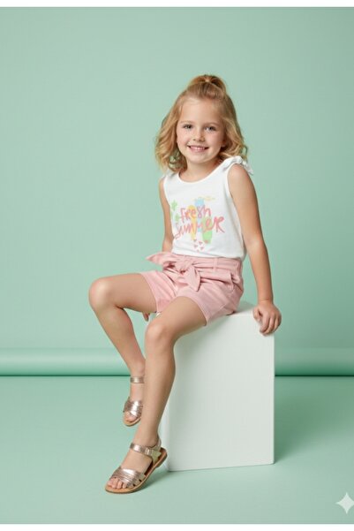 Çikoby Girl's Strap Printed Woven T-Shirt Elastic Waist Belt Woven Shorts Set