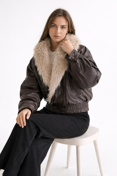 SeninOlsun Kahverengi Yakası Kürklü Kruvaze Deri Ceket