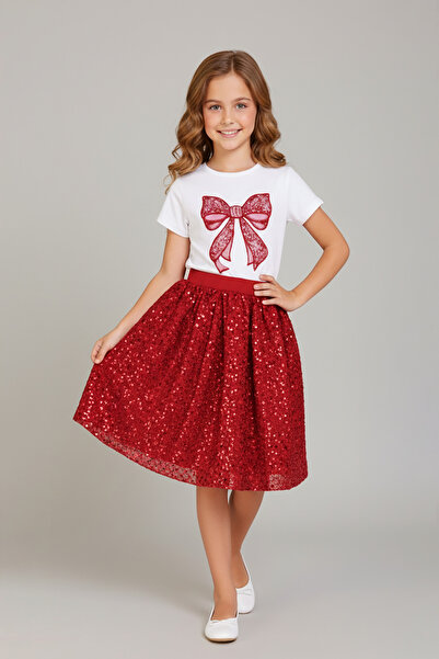 FATELLA Girl's Red Sequined Skirt and White T-Shirt Set with Bow Print, April...
