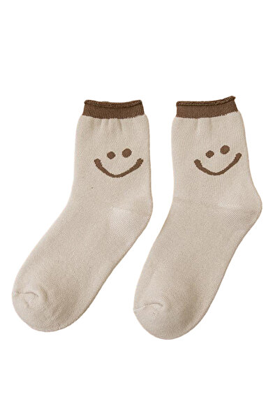 EFAYN.RO Women's socks, friendly smile pattern, size 38 - 42, light brown, EFAYN