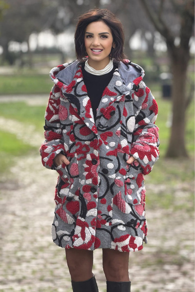 Nevin Kaya Moda Gray Color Embossed Floral Wool Oversize Coat