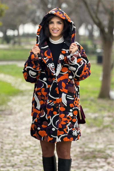 Nevin Kaya Moda Black Purple Embossed Floral Wool Oversize Coat