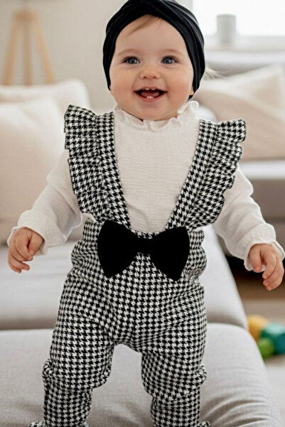 Cantoy Kız Bebek Kazayağı Desenli Fırfırlı Salopet Takım