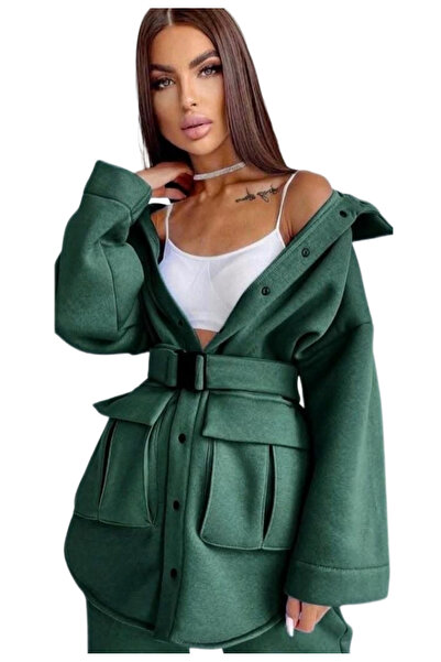 Nobrand Women's 2-piece green set with oversized jacket with belt and casual ...