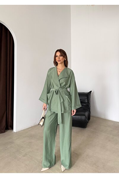 MODAMERSİ طقم نسائي أخضر كبير الحجم بحزام وياقة مزدوجة