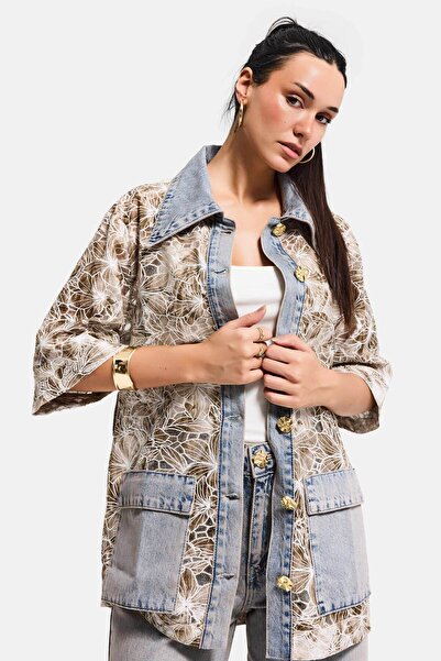 it's basic Women's Denim Brown 4S6-65 Oversize Special Design Rose Lace Detai...