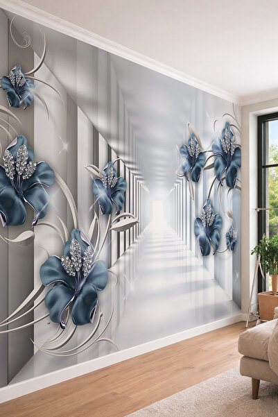 dreamwall 3 Boyutlu Derinlik Etkili Sonsuz Koridor ve Kristal Çiçekli Tek Par...