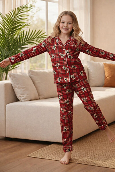 SÜSLÜ KİDS Girl's Teddy Bear Buttoned Pajama Set Suede Fabric