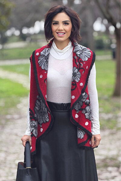 Nevin Kaya Moda Red Color Floral Wool Vest