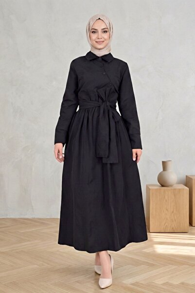 Kirazgym Tie-Waist Shirt Collar Dress with Cross Buttons - Black