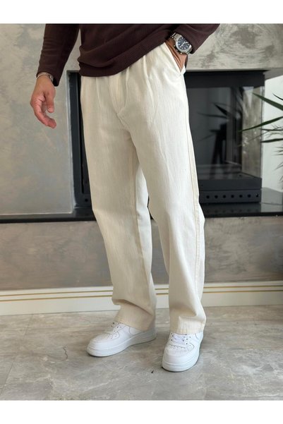 ECARTS Men's Pleated Relaxed Fit Linen Trousers Beige Eca028