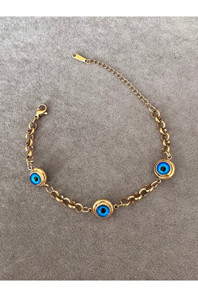 emy by emel luxury silver jewelry Çelik Altın Kaplama Üç Nazar Boncuklu Bileklik