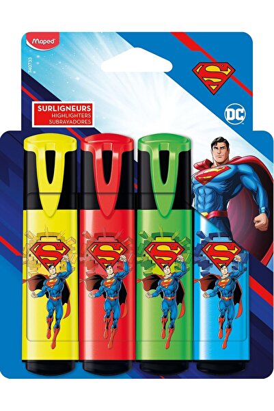 Maped - 4 أقلام تظليل سوبرمان بألوان زاهية - رأس مشطوف - أقلام تظليل تدوم طوي...