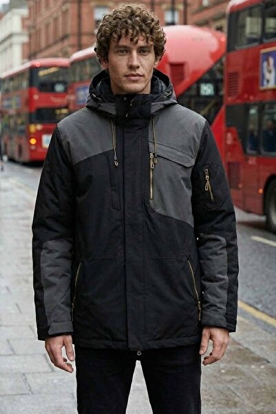 lumberjack Men's Black Gray Outdoor Coat - Water/Windproof Hooded Color Block...