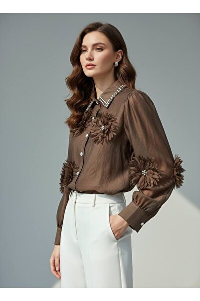 Rabiossa Kadın 3D Çiçek Detaylı Organze Gömlek