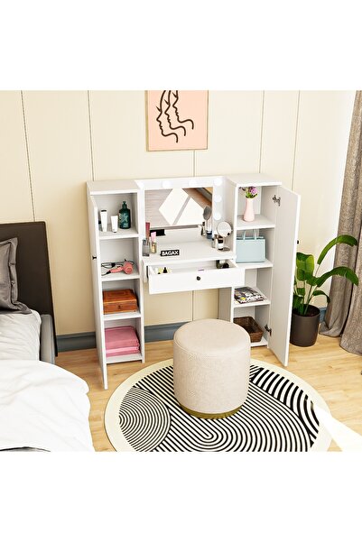 BAGAX Ledli Aynalı Makyaj Masası - Spot Aydınlatmalı ,Çekmeceli, 2 Yan Dolapl...