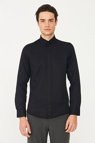 White Stone Black Buttoned Collar Long Sleeve Shirt Slim Fit