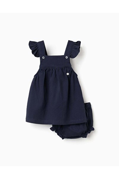Ziddy Twill Dress + Bloomers for Newborn Girls, Dark Blue