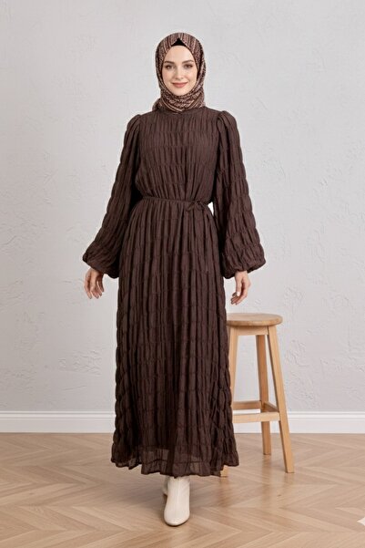 Kirazgym Gipeli Modal Dress with Lining and Elastic Sleeves - Brown